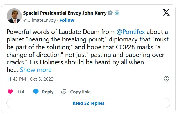 John Kerry on X speaking about Laudate Deum